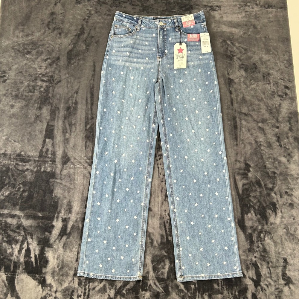 Vanilla Star Wide Leg Jeans Girls Size 16 Blue Star Print High Rise NWT‎